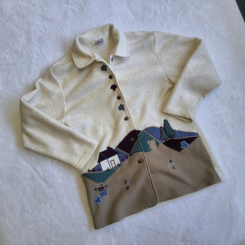 Vtg Teddi Fleece Jacket Women Petite Small Country Landscape Embroidered Sweater